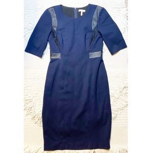 REBECCA TAYLOR navy / black ponte knit faux leather short sleeve sheath dress